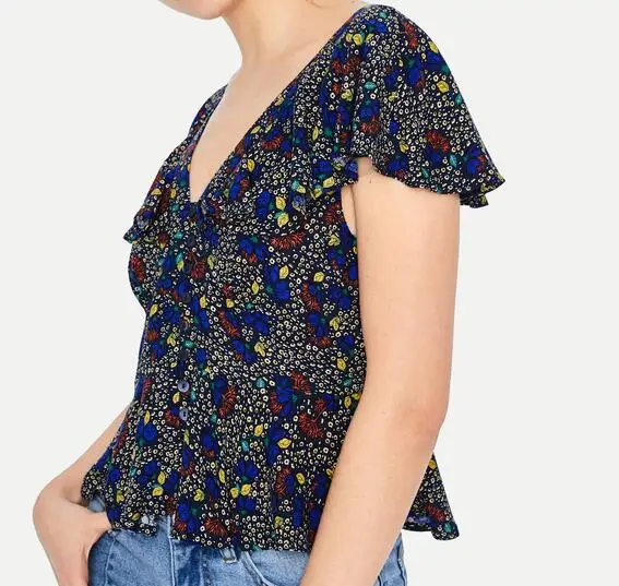 customized printed women tops fashion ruffles blouse button front adult tops
