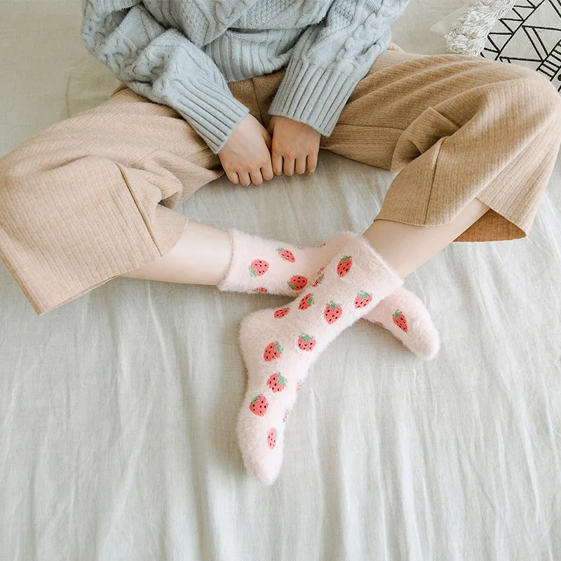 In Stock Winter Cute Fuzzy Socks Coral Fleece Fruit Crew Socks Indoor Floor Sleeping Girls Warm Socks For Women