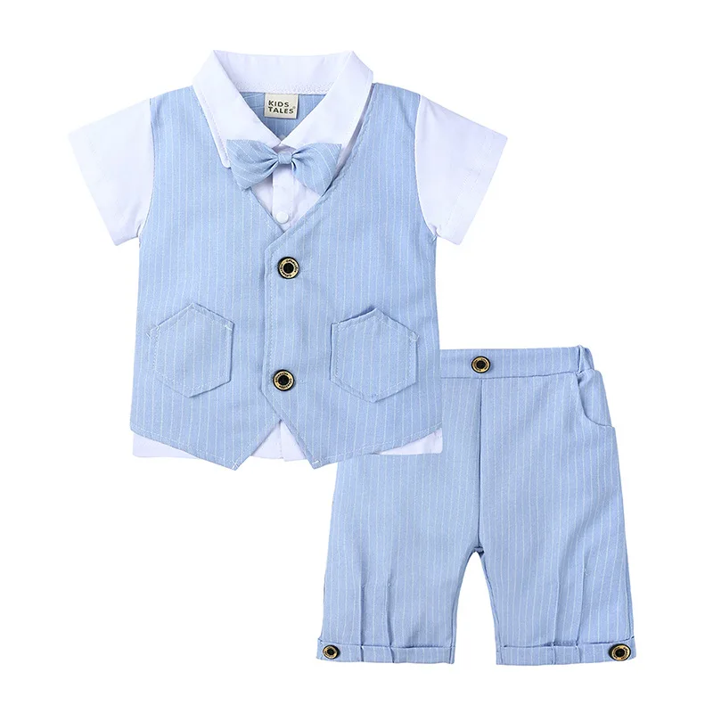 High Quality 100% Cotton British Boys Harness Unique Summer Casual Party Dress Suits with Short Sleeves Guaranteed