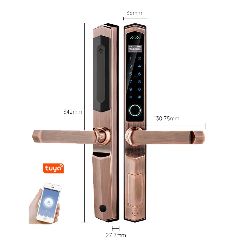 Smart Intelligent digital electronic Tuya wifi fingerprint handle door lock main sliding swing aluminum frame code door lock