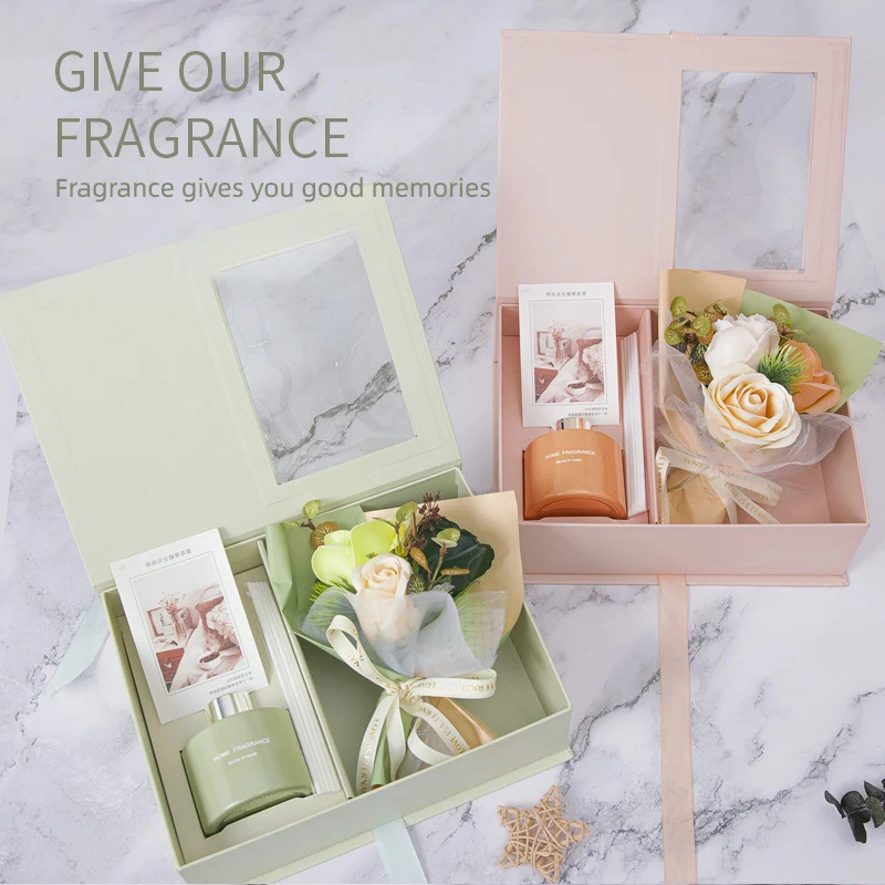 Private Label Glass Jar Luxury Aroma Home Fragrance Dried Flower Flower and Reed Diffuser Set with Magnetic Box