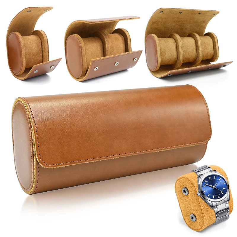 Portable full grain leather single three slot watch cork roller case leather custom logo luxury watch roll case