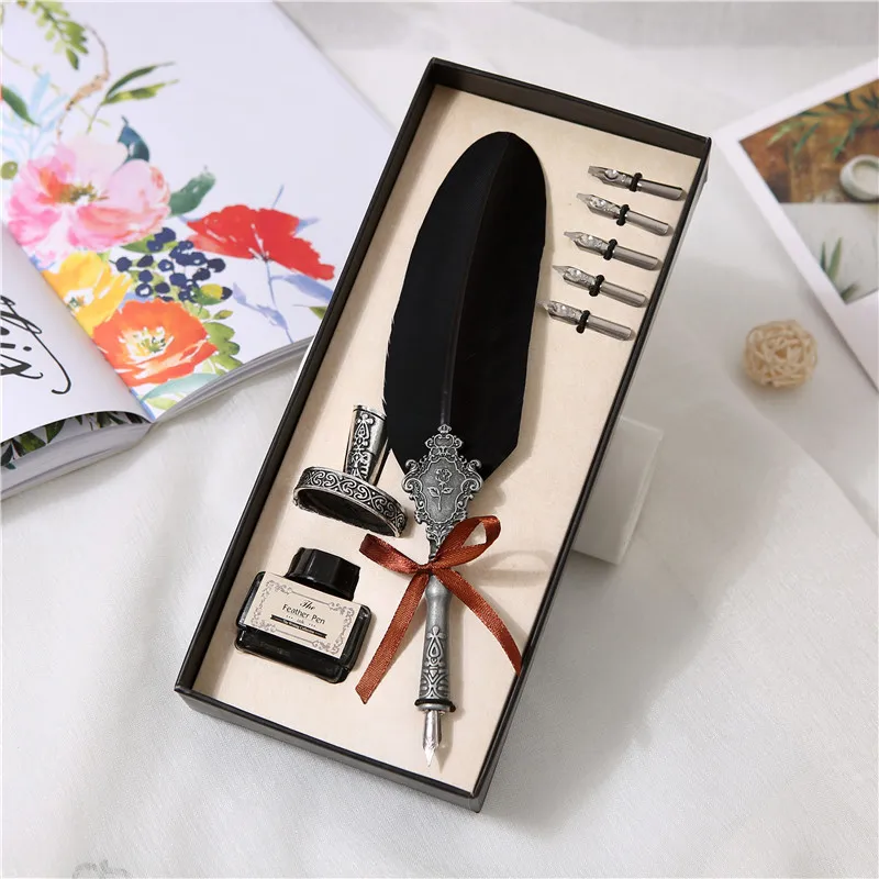 Turkey feather pen retro dip pen set business gift ink carving metal pen holiday gift