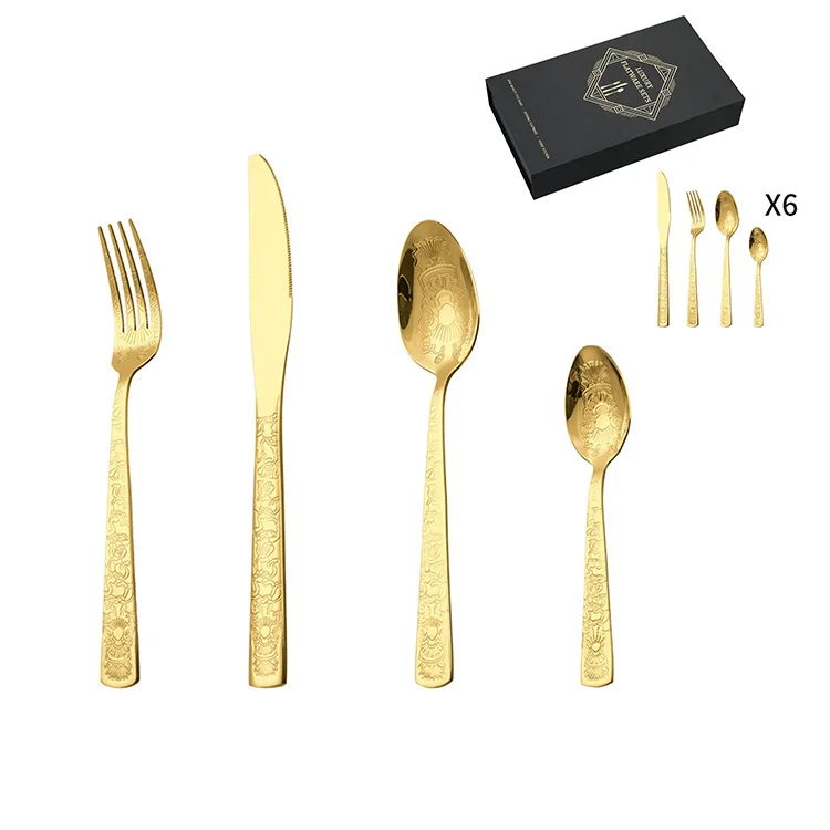24 Pcs Cutlery Set Flatware Spoon And Forks Knife,Black Stainless Steel Gold Cutlery 24pcs Set