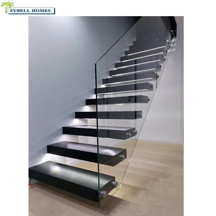 Indoor Industrial Style Floating Staircase with Solid Wood Steps Treads