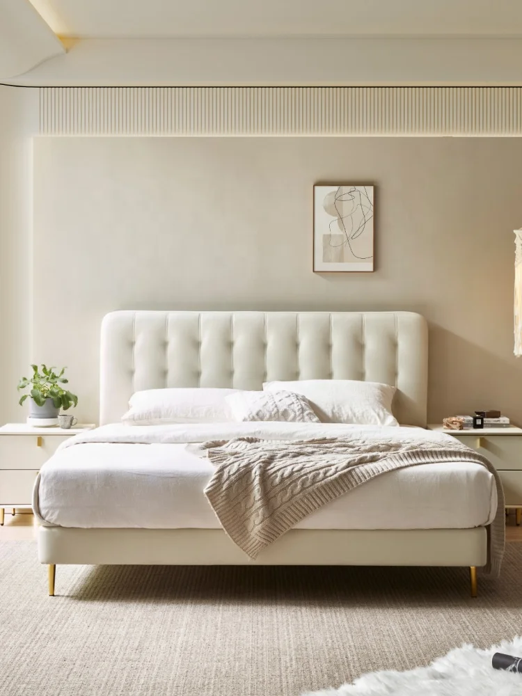 Simple warm sweet cream king size bed with storage French nordic leather Bedroom sets queen size custom luxury modern furniture