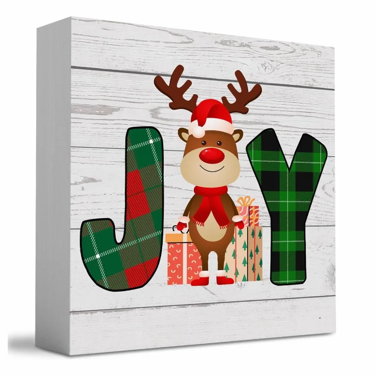 Winter Merry Christmas Joy Deer Wood Box Sign Wood Square Sign Desk Block Signs Home Office