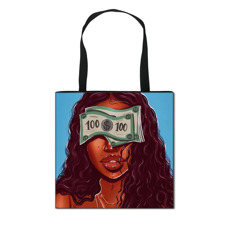 Custom african girls printed bag pattern canvas tote bag black girl magic Shopping bags