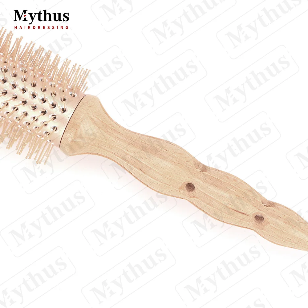 Korea Style Luxury Rose Gold Long Aluminum Barrel Heat Resistant Nylon Bristle Wooden Tail Handle Round Comb Curling Hair Brush