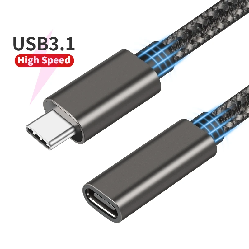 USB 3.1 Braided Male to Female USB-C Extension 10Gbps 4K Display 3A Fast Charging Type C to Type C Cable