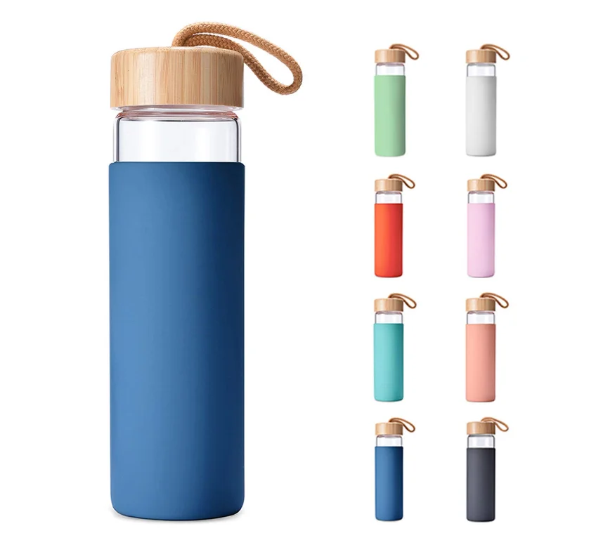 500ML BPA-Free  Dishwasher Safe Borosilicate Glass Water Bottle with Protective Silicone Sleeve and Bamboo Lid