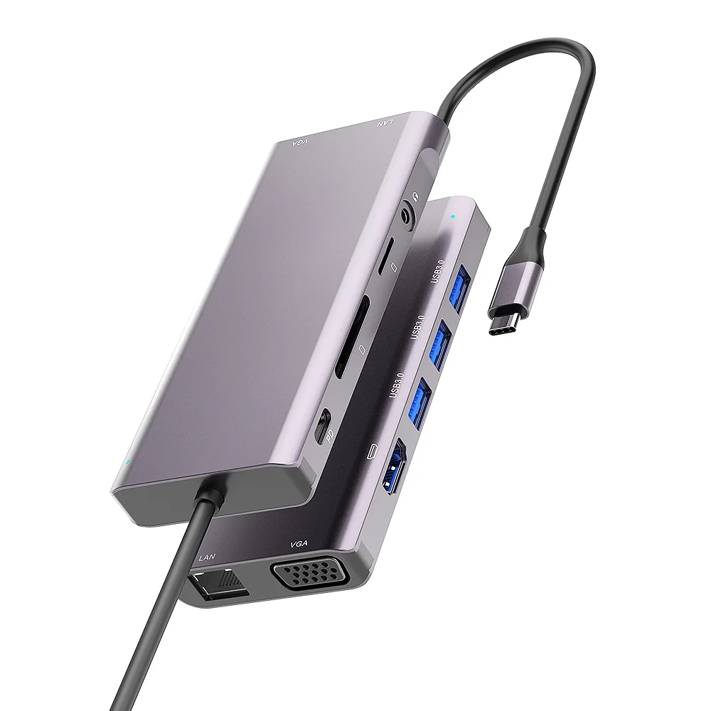 Aluminum Alloy 9 Ports USB C Hub Docking Station with USB 3.0+VGA+PD+LAN+SD/TF Slot+ for Laptop Macbook