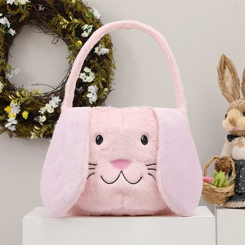 Wholesale Custom Fluffy Gift Egg Bucket Kids Puffy Plush Long Bunny Bags Ears Sublimation Easter Baskets