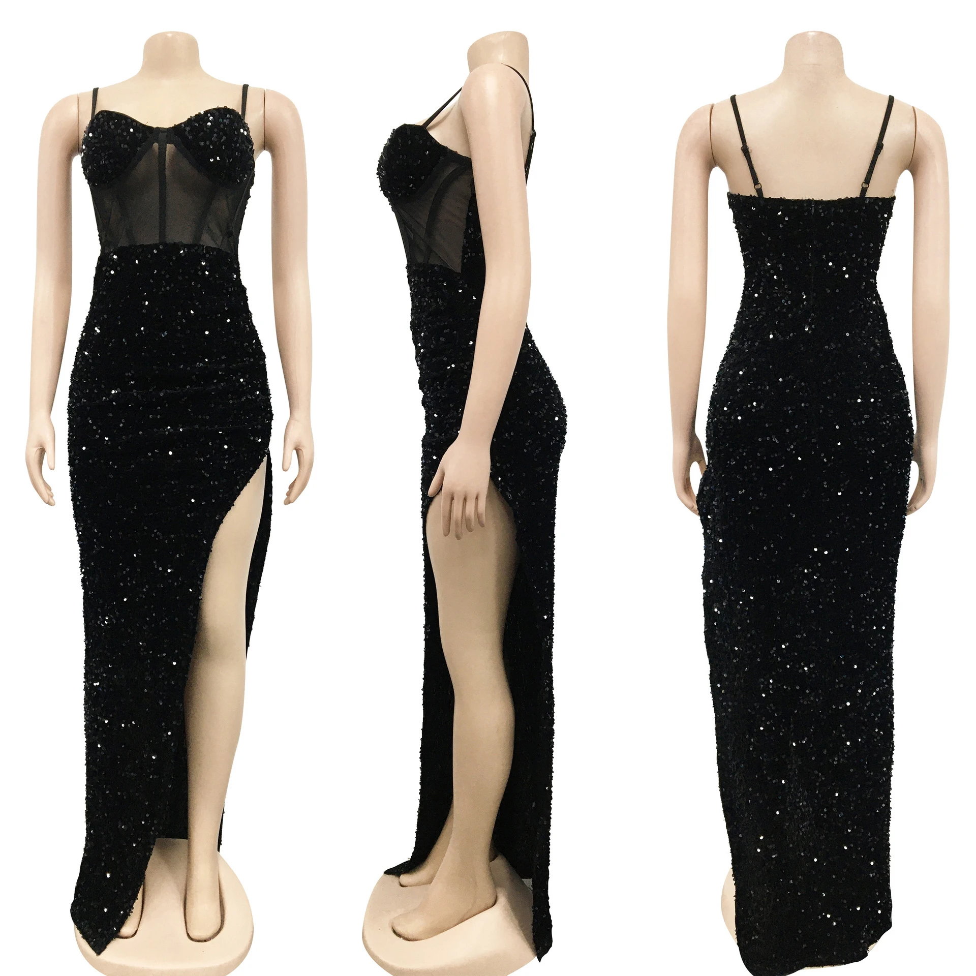 GX5843 Wholesale elegant women casual dresses sleeveless fashion sequin mesh perspective irregular split party dress women