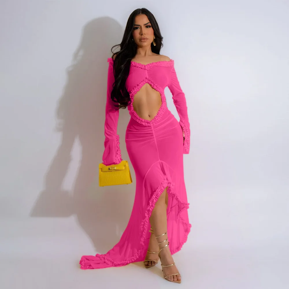Liu Ming Clearance Sales 2025 Women Sexy See Through Long Sleeve Beach Outfits Solid Color Maxi Dress