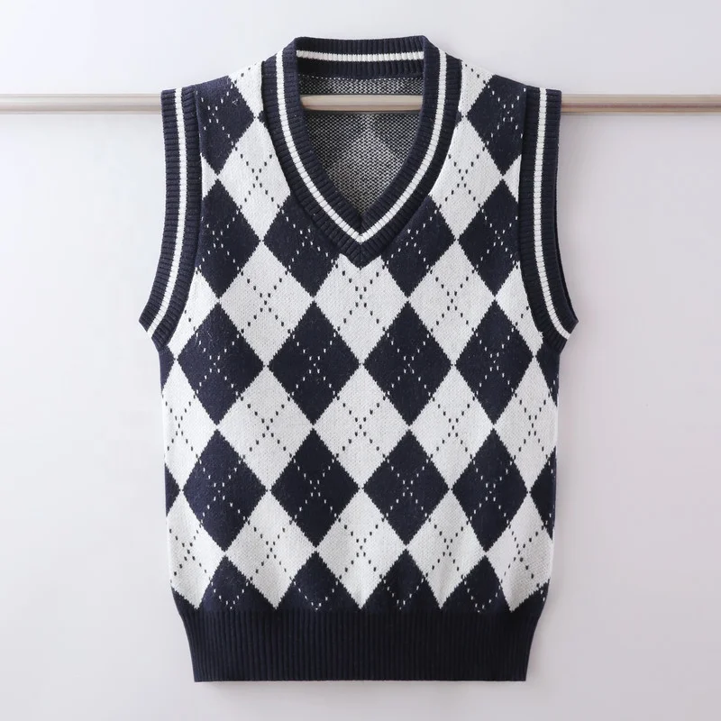 
Custom manufacture 100% cotton boys knit v neck argyle pattern plaid sweater vest 