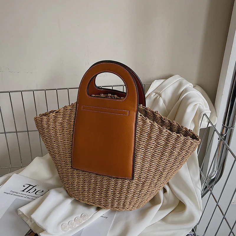 Quiet Luxury Style Raffia Straw Tote Shoulder Handbag Rattan Straw Beach Bag With PU Handle for Resort Vacation
