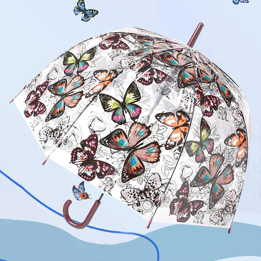Arch Retro Transparent Umbrella Butterfly Print UV Umbrella Curved Handle Long Handle Umbrella