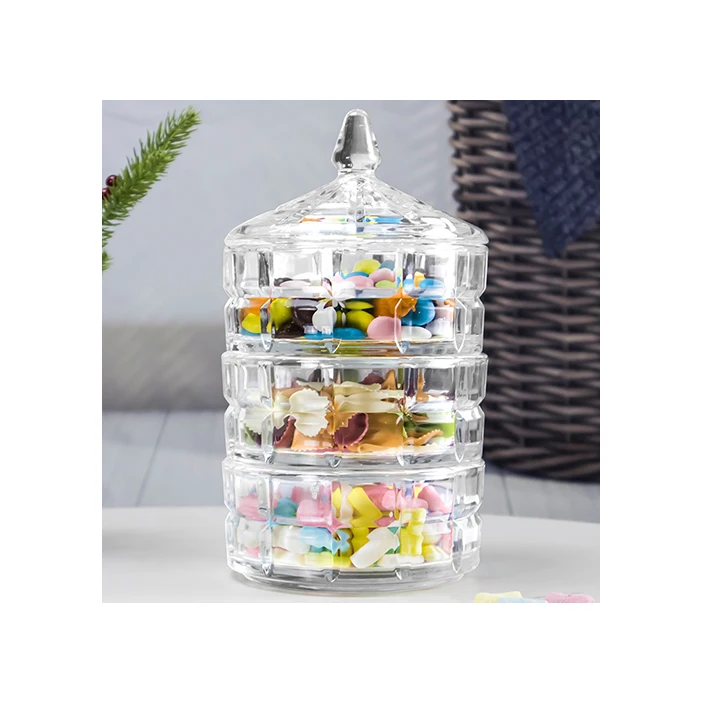 3 Tiers Factory Wholesale Customize Etched Vintage Crystal Glass Jar Candy with Lid