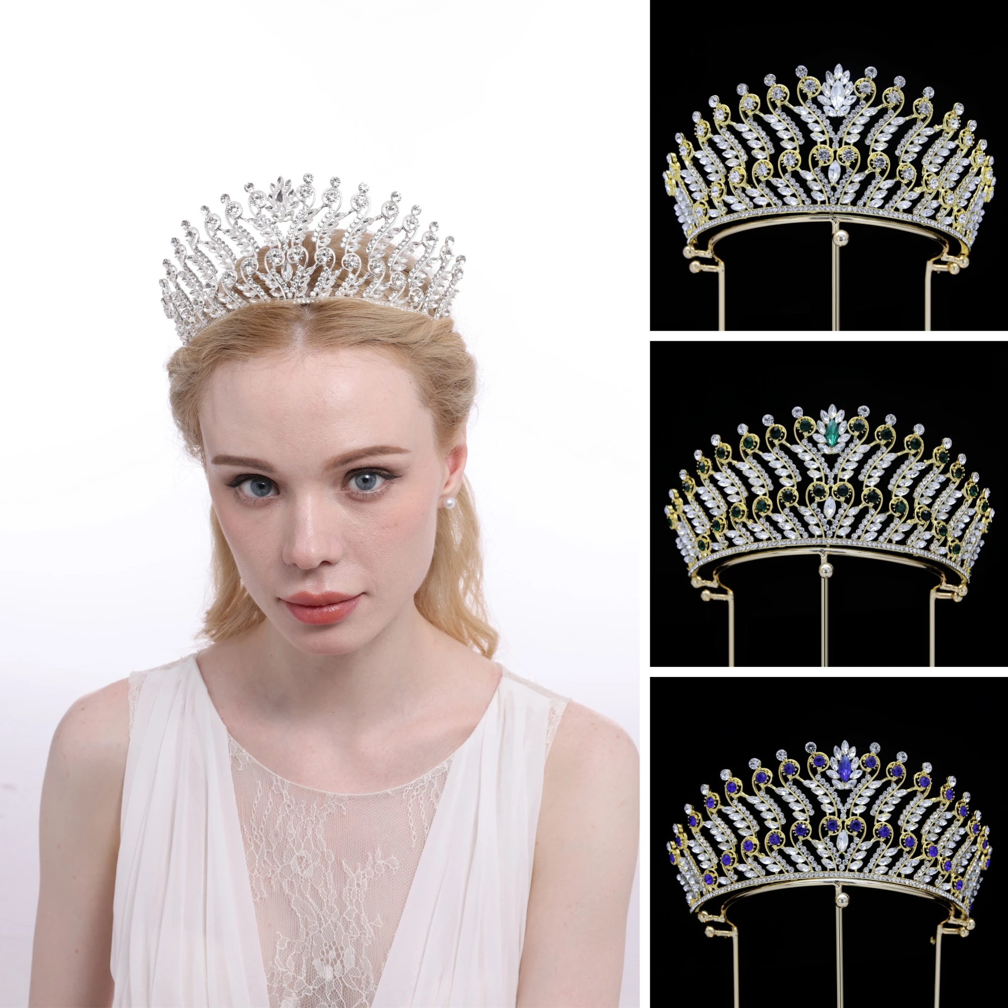 Big Luxury Baroque Rhinestone Emerald Green crystal silver Pageant wedding bridal Crowns and Tiaras for queen