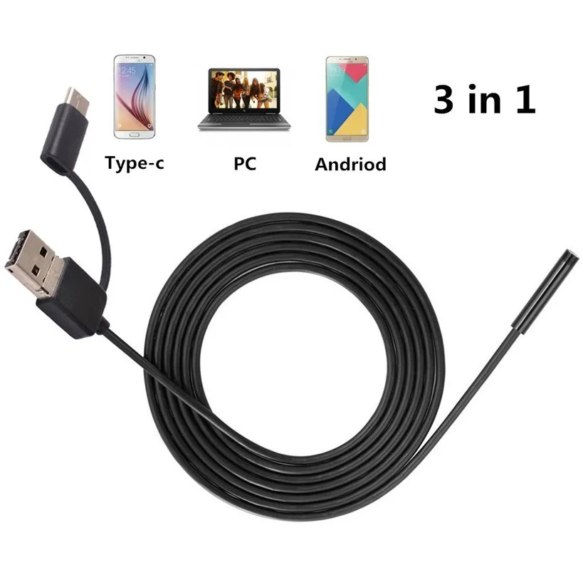 7mm 3 in 1 USB Endoscope Inspection Camera with 2 meters Semi-rigid Cable