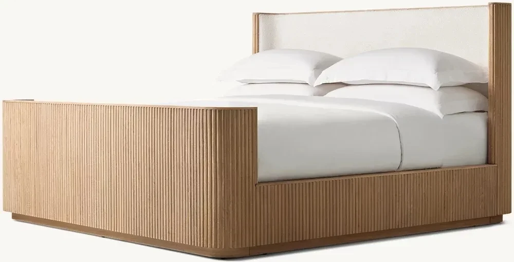 Factory Supply Cal King Oak Wood Bed Handcraft Byron Fabric Shelter Bed With Footboard For Bedroom