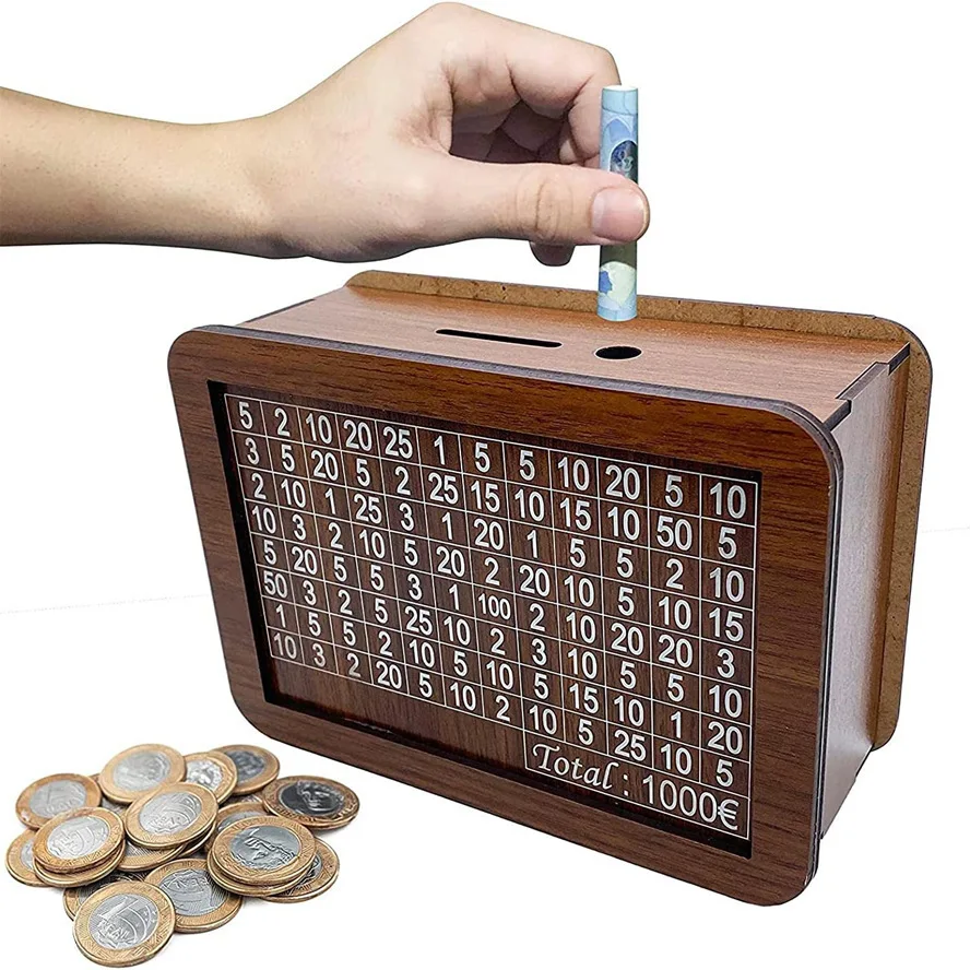 Wooden Brown Piggy Bank Money Box with Counter Brown Color USD 1000 2000 3000 5000 10000 Money piggy bank money saving box