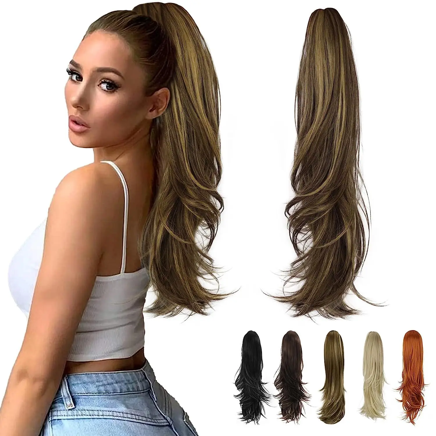 Private Label Synthetic Fiber Claw Clip Wavy Ponytail Extensions Long End Wave Ponytail Extension Clip In Hair Extensions
