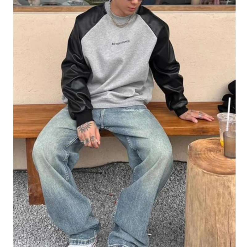 Wholesale Oversized Crewneck blank Sweatshirt With Leather Patches Custom Logo Drop Shoulder Plain Pullover Sweatshirt