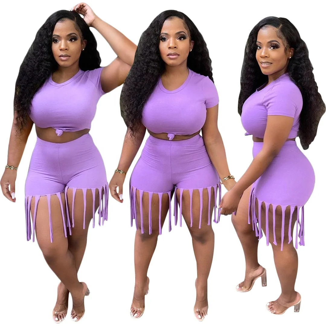 
QC-S390115 2021 new arrivals summer set women two piece shorts and crop top solid breathable long tassels biker short set women 