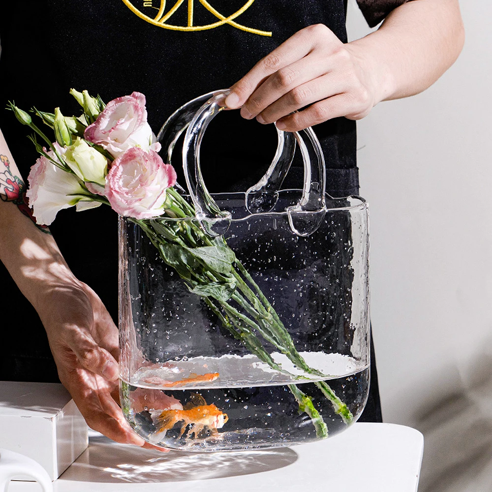 Hot Sale Custom Artistic Wedding Desktop Plants Decoration Recycled Hand Blown Blue Bubble Crystal Flower Glass Purse Bag Vase