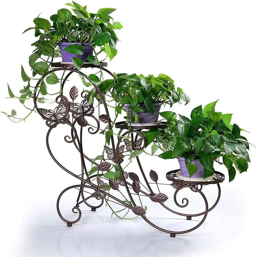 3 Tier Metal Garden Display Stand For Indoor And Outdoor With 3 Plant Pots For Courtyard Living Room Corner Balcony And Bedroom