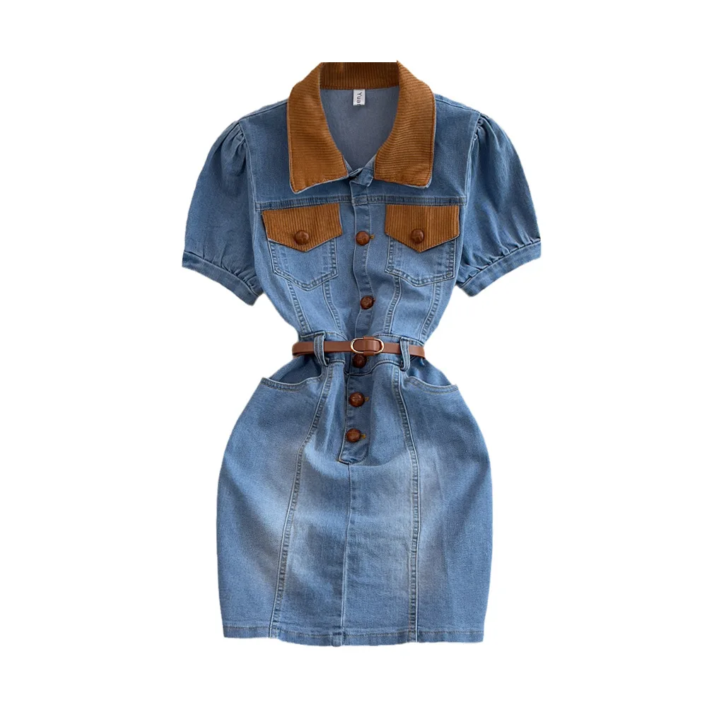 Custom 2022 Sweet Girls  High Street Patchwork Corduroy Polo Collar Denim Short Designer Dresses Women With Puff Sleeve Top