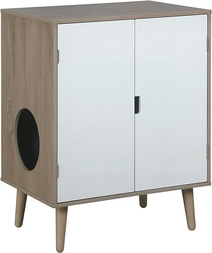 Elegant Cat Walk Litter Cabinet: Grey Wood Grain, Double French Doors, Modern Design