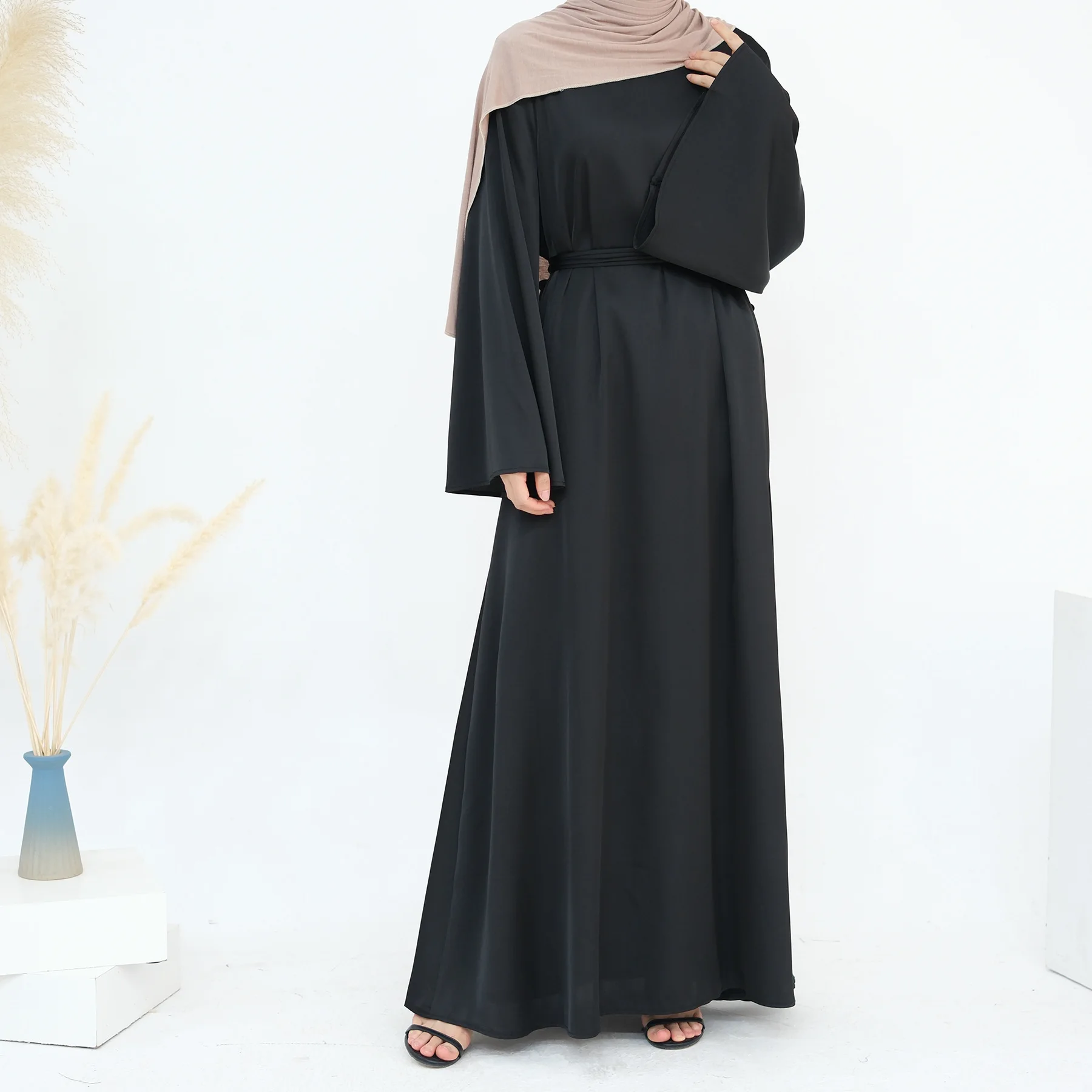 Muslim Turkish Elegant Abaya Dress Solid Color Tie Back Slim Wide Sleeves Dress For Women L288