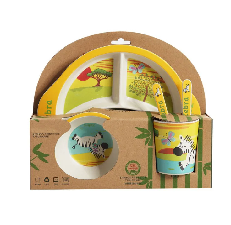 Cute  Lion Bamboo Fiber Children Tableware Set  Eco-Friendly Rice Bowl Cartoon Elephant Kids Dinnerware Baby Salad Plate