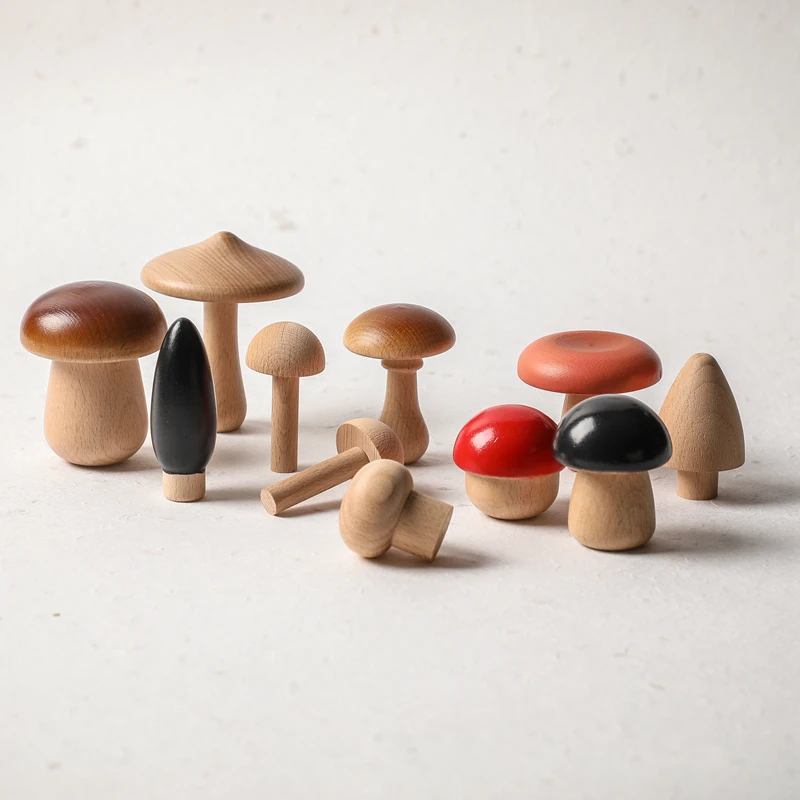 Hot Selling Baby Teethers Wooden Mushroom Set Puzzle Toys for Newborn Beech Wood PVC Baby Gift in Animals Shape Box Packing