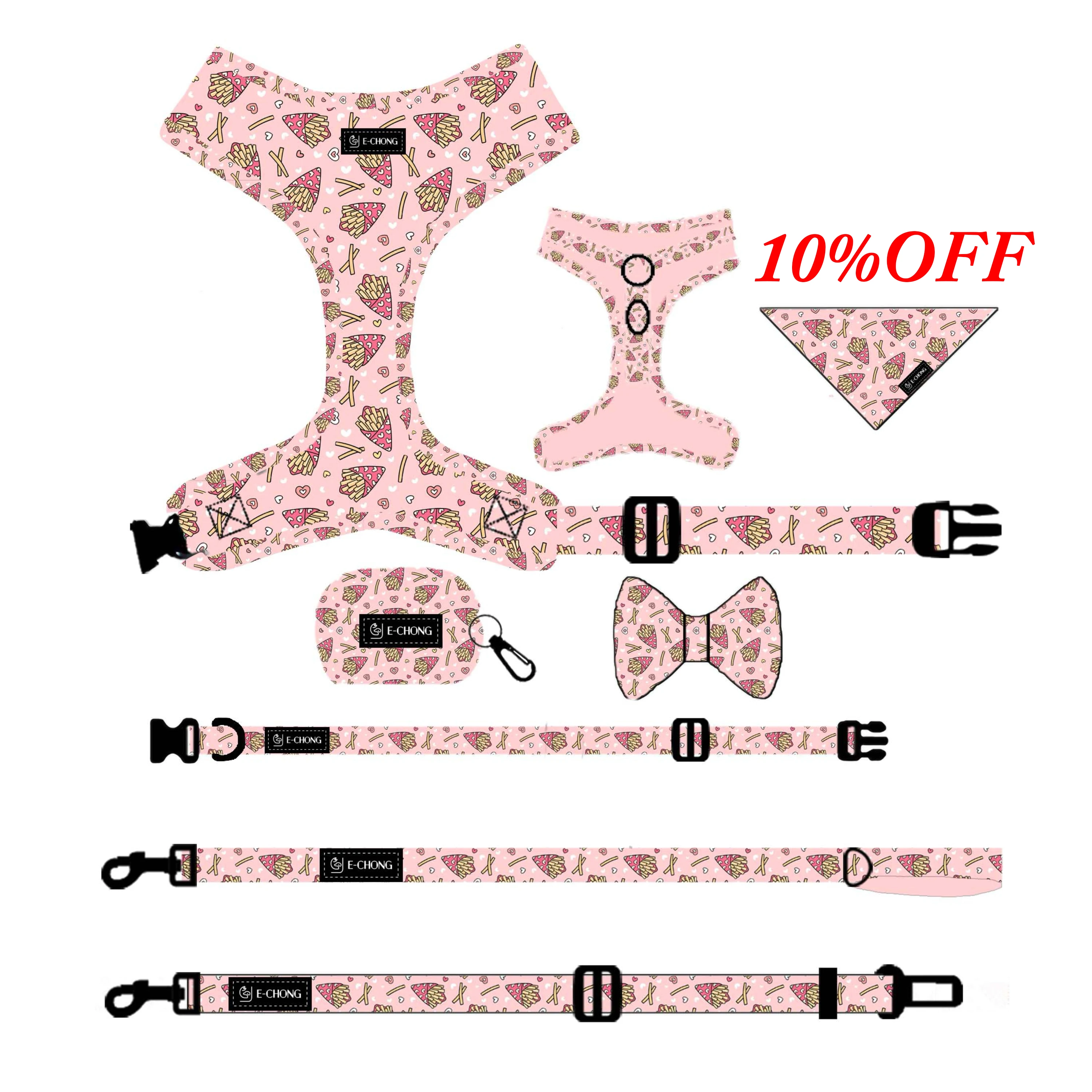 Custom Design Luxury Pet Leash and Harness Set with Matching Collar Leash Bow Tie and Bandana Neoprene Custom Logo Pet Harness