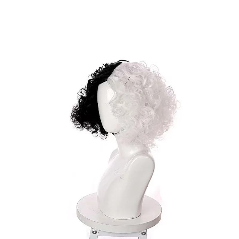 Cruella De Vil Cosplay Wig Short Fluffy Wavy Half Black and White Wigs Synthetic Hair for Halloween Short Bob Wavy