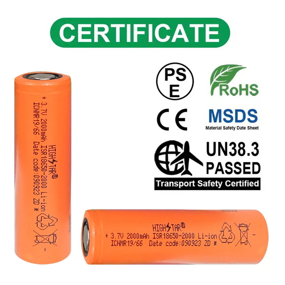 HIGHSTAR Custom High-Quality Certificate 18650 battery 2000mAh 3.7v Rechargeable li-ion battery 18650 for Electric Wheelchairs