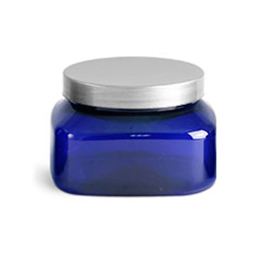 Blue PET Square Jars with Silver Smooth Plastic Lined Caps