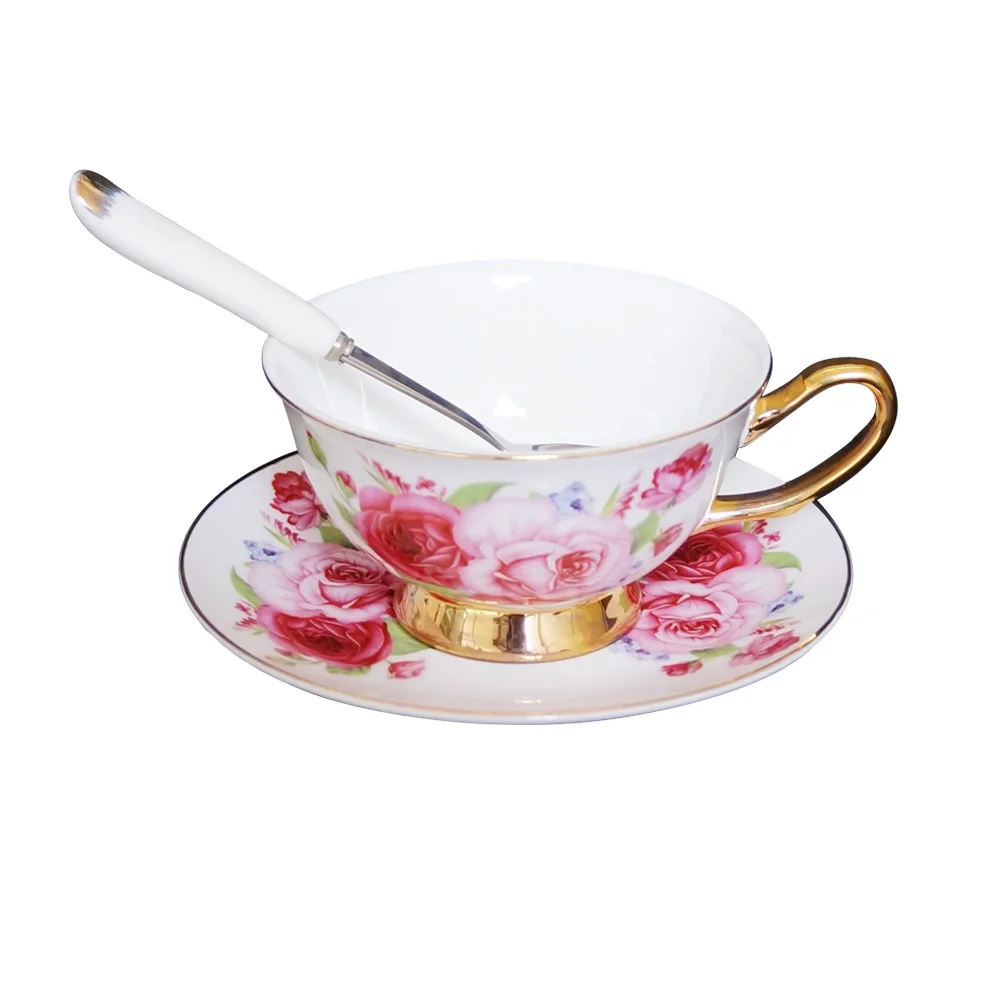Pink Rose Fine Bone China Coffee Cups And Saucer Ceramic And Spoon