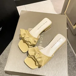 Summer New Fluffy Open Toe Indoor Slippers High-Heeled Sandals Wholesale Women Bow Slider Slippers