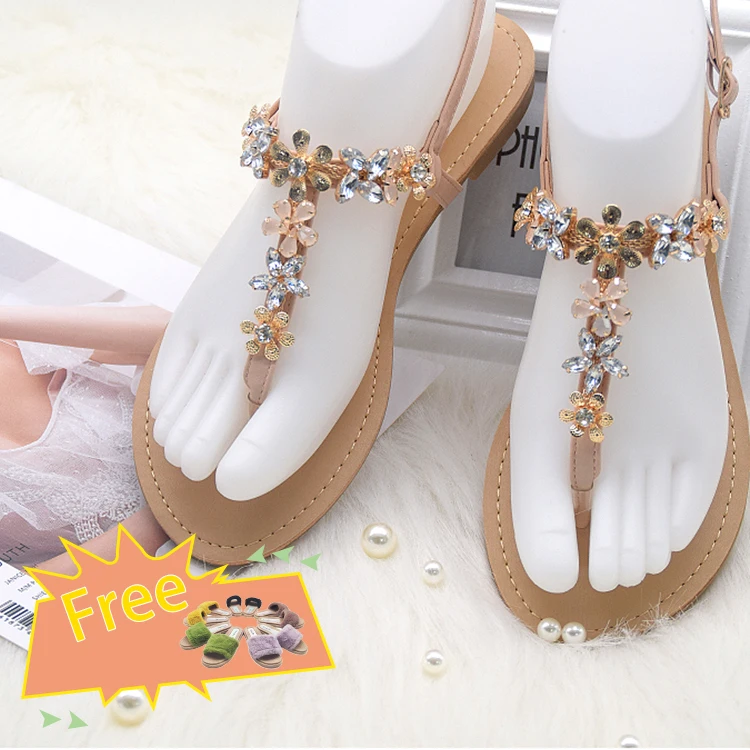 Fast shipping IN STOCK hot sell sandalias planas de verano high quality flat  rhinestone chain thong women sandals for lady girl