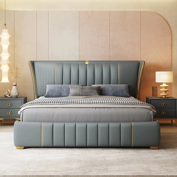 Home King Size Big Headboard Leather Upholstered Italian Style Modern Luxury Bed Room Frame Set Bed room Furniture