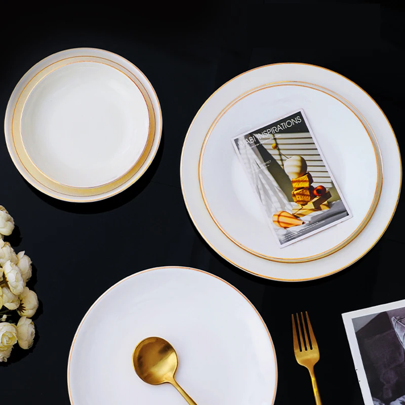 Factory Customized High-grade Bone China Gold Rim Plate Wedding Plate Set Dinnerware Luxury Restaurant Ceramic Dinner Plates