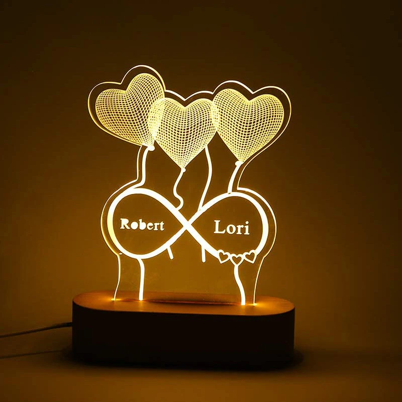 Diy Custom Creative Kids Room Gift Loving Heart Acrylic Wooden Base RGB LED 3D Night Light