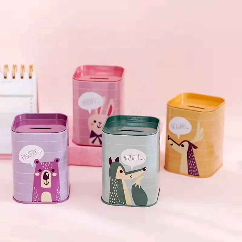 Wholesale school mini square cartoon cute animal metal money bank for kids
