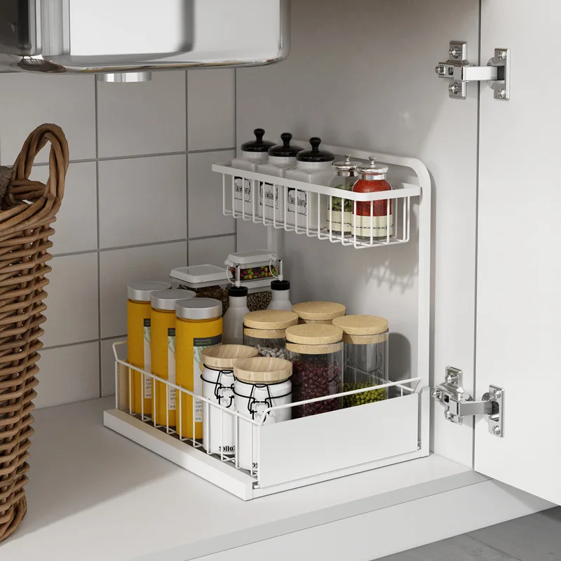 Kitchen Under Sink Organizer 2-layer L-shaped with Rail Pull-out Sink Rack Storage for Bathroom Kitchen