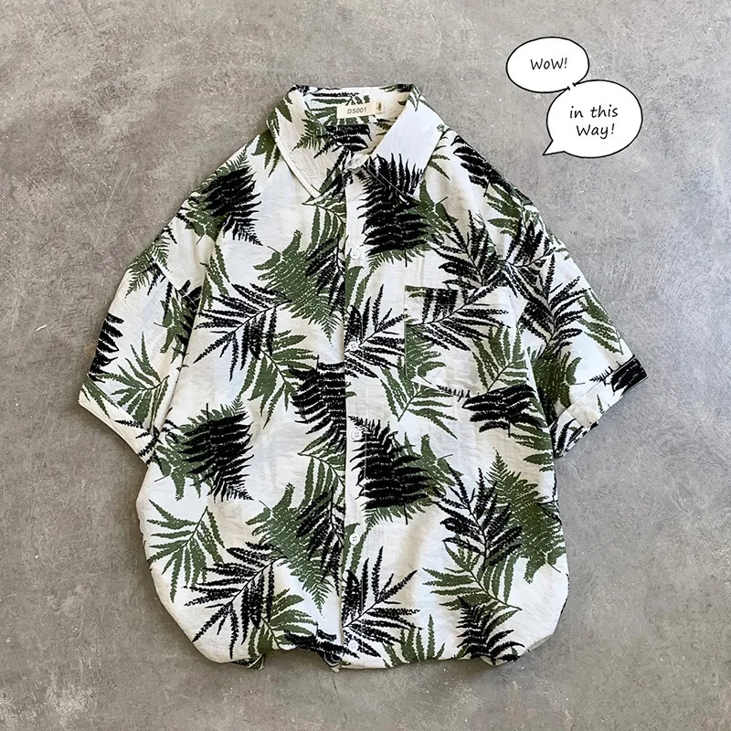 Vacation Style Hawaiian Beach Shirts Short Sleeve Loose Plus Size Vintage Poplin Shirt For Men